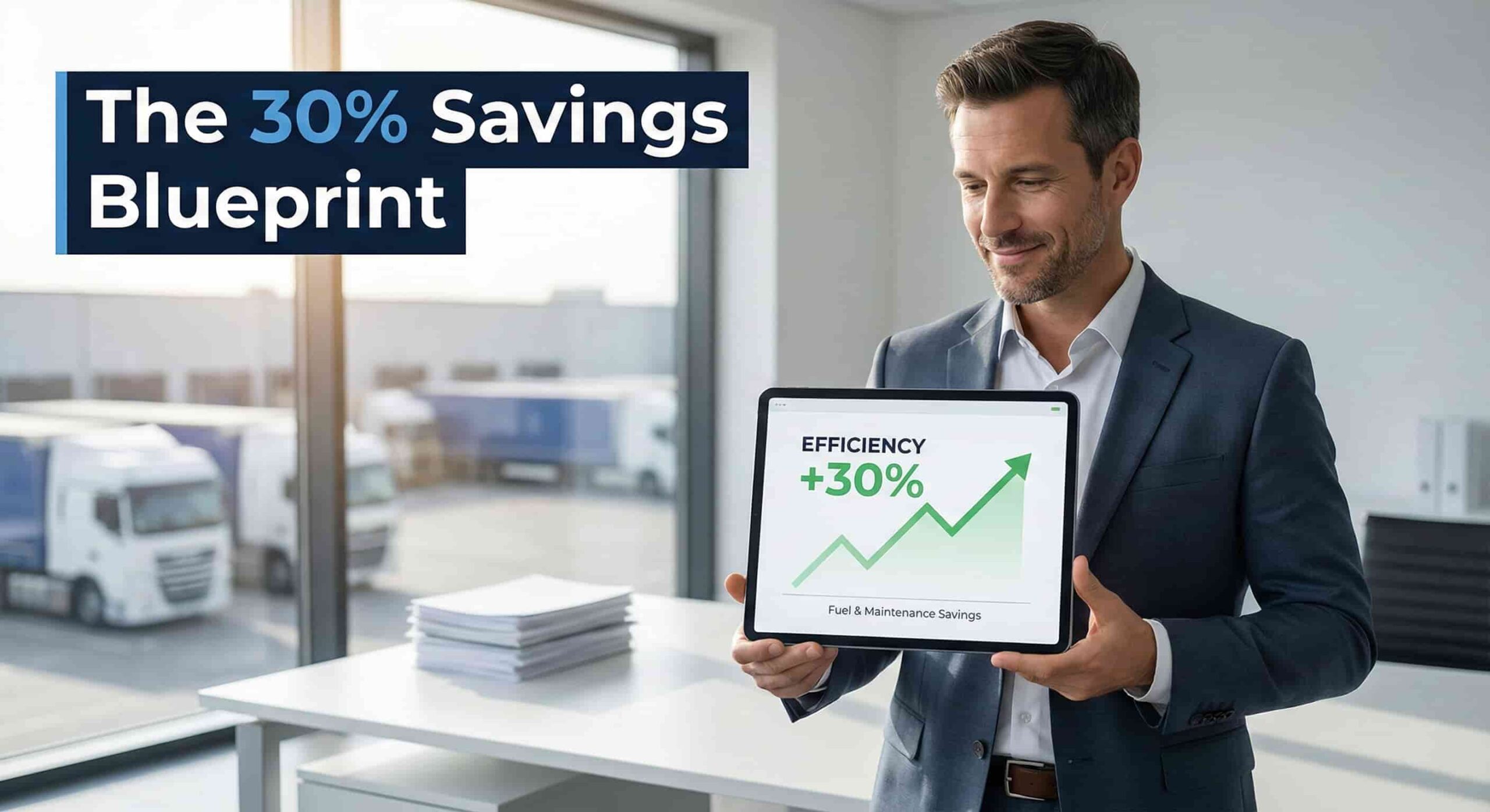 Fleet manager holding a tablet showing 30 percent efficiency gains using advanced telematics to reduce fleet operating costs