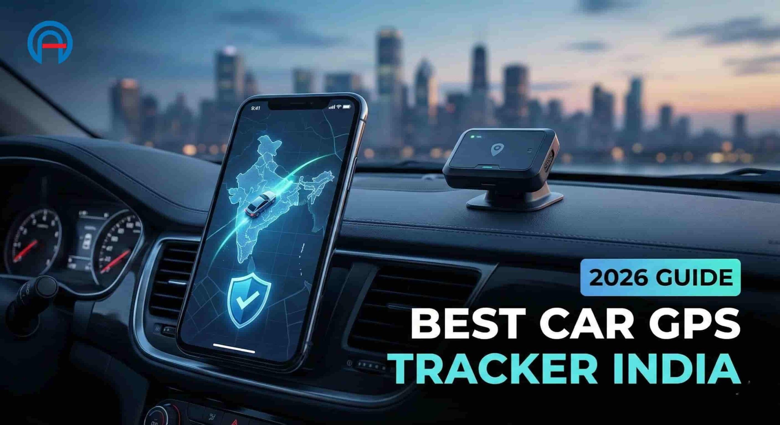 Car dashboard showing a mobile GPS tracking app with India map and security shield icon, illustrating the best car GPS tracker in India for 2026