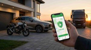 Mobile phone displaying a GPS vehicle security tracking app securing a car, motorcycle, and truck parked outside a modern home.