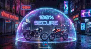 A rainy Mumbai street scene at night featuring a Royal Enfield and KTM Duke motorcycle parked under a glowing holographic dome that reads "100% SECURE," illustrating the protection offered by a GPS tracking device for bikes in India.