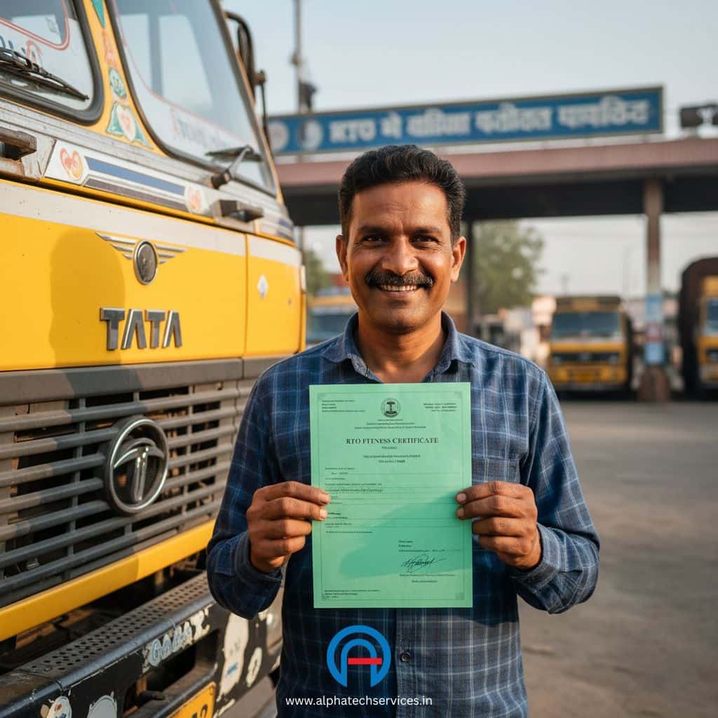 Indian truck driver holding valid RTO fitness certificate after installing AIS 140 GPS