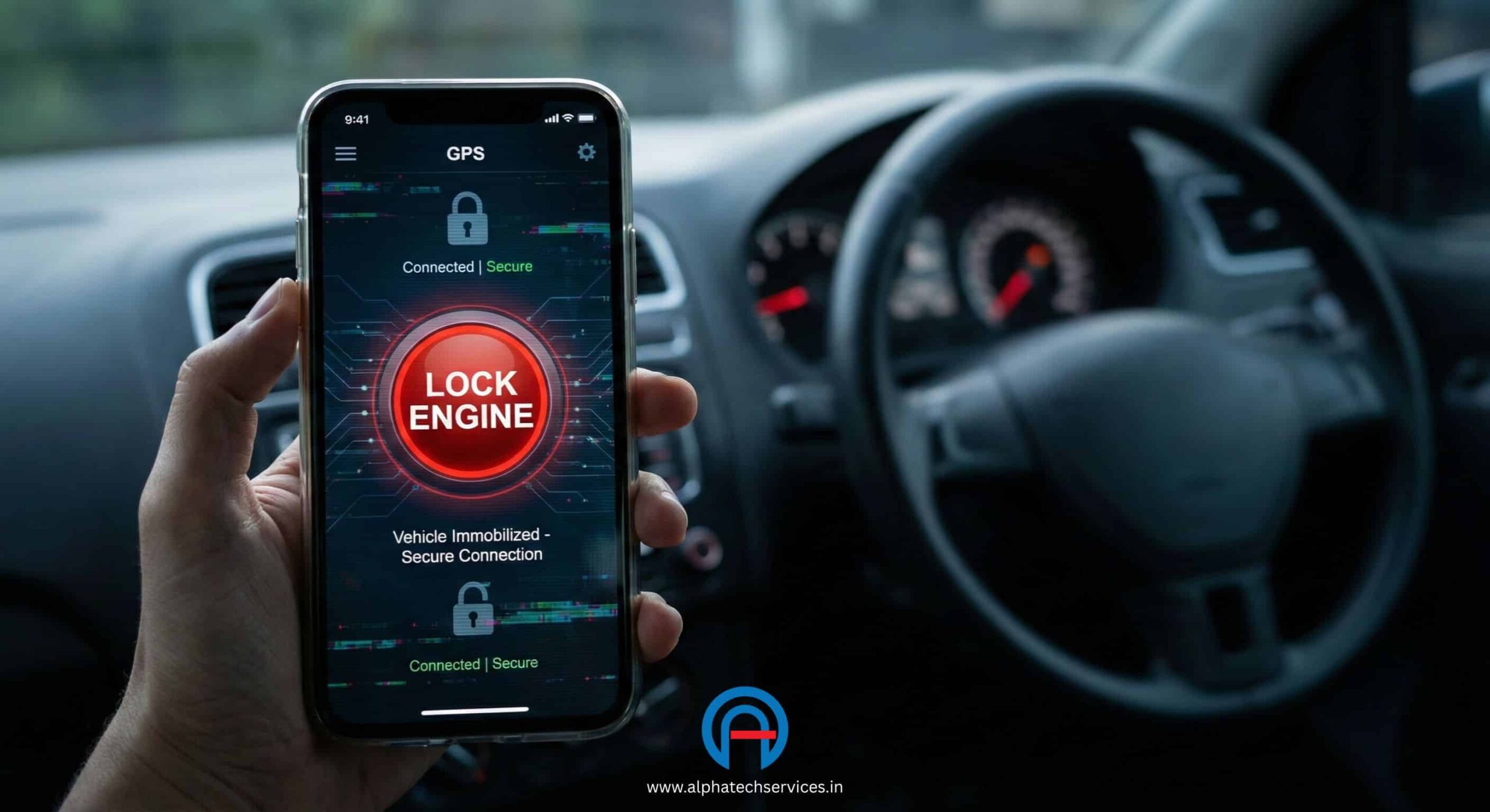 Close up of smartphone showing secure engine lock interface for car GPS