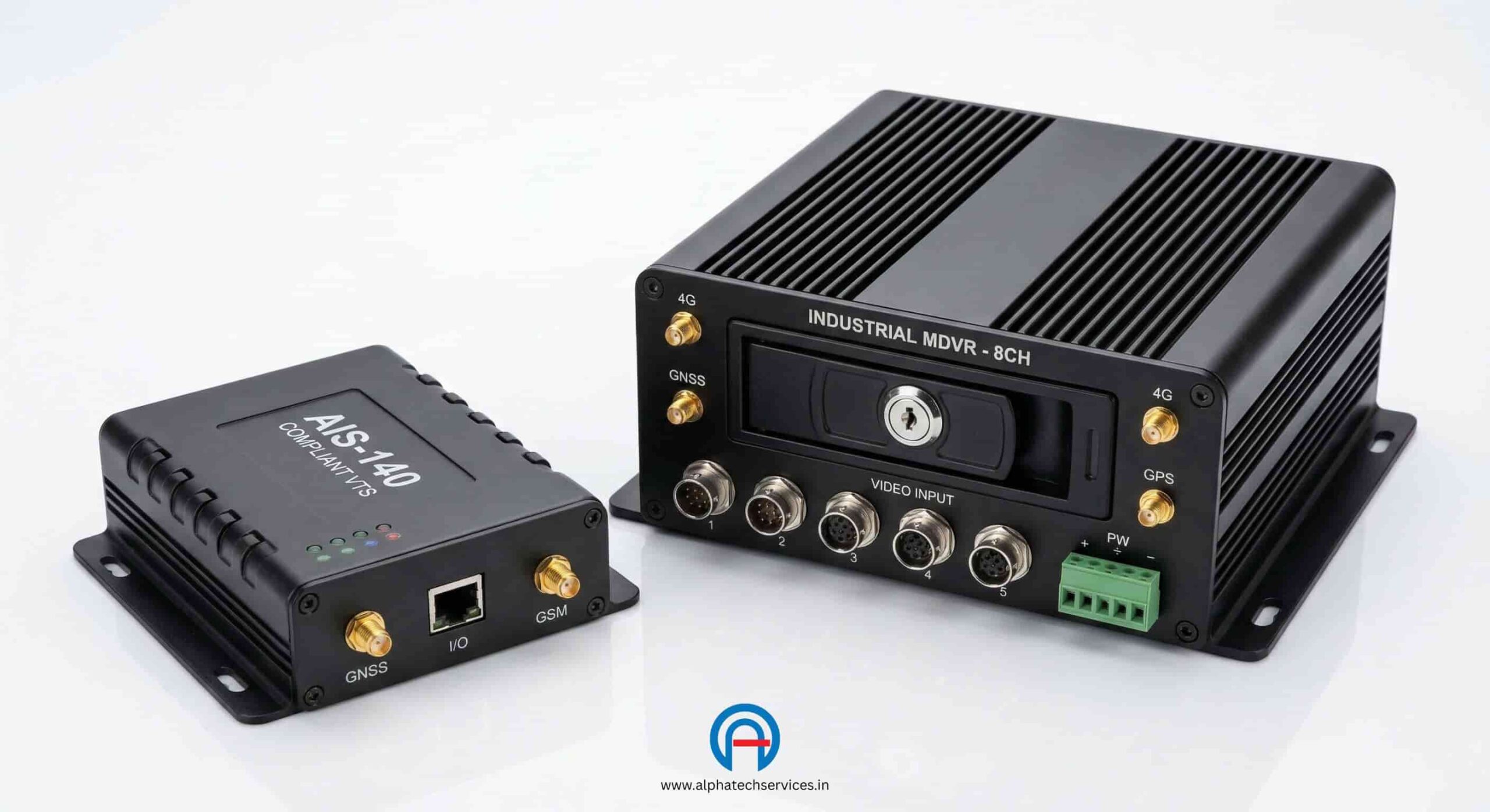 Industrial AIS-140 certified GPS tracking device alongside a multi-channel MDVR unit for public transport buses