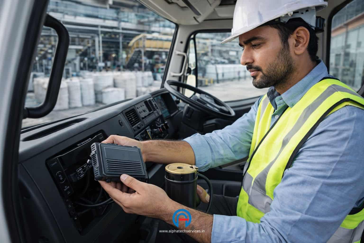 Professional installation of a commercial GPS tracking unit in a heavy cargo truck in Ahmedabad