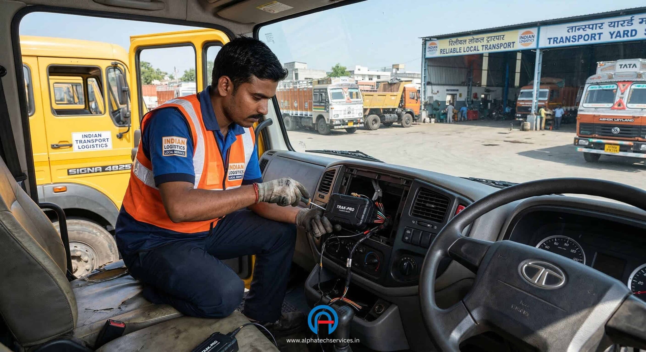 Professional installation of a commercial GPS tracking unit in a heavy duty transport vehicle in Bhopal