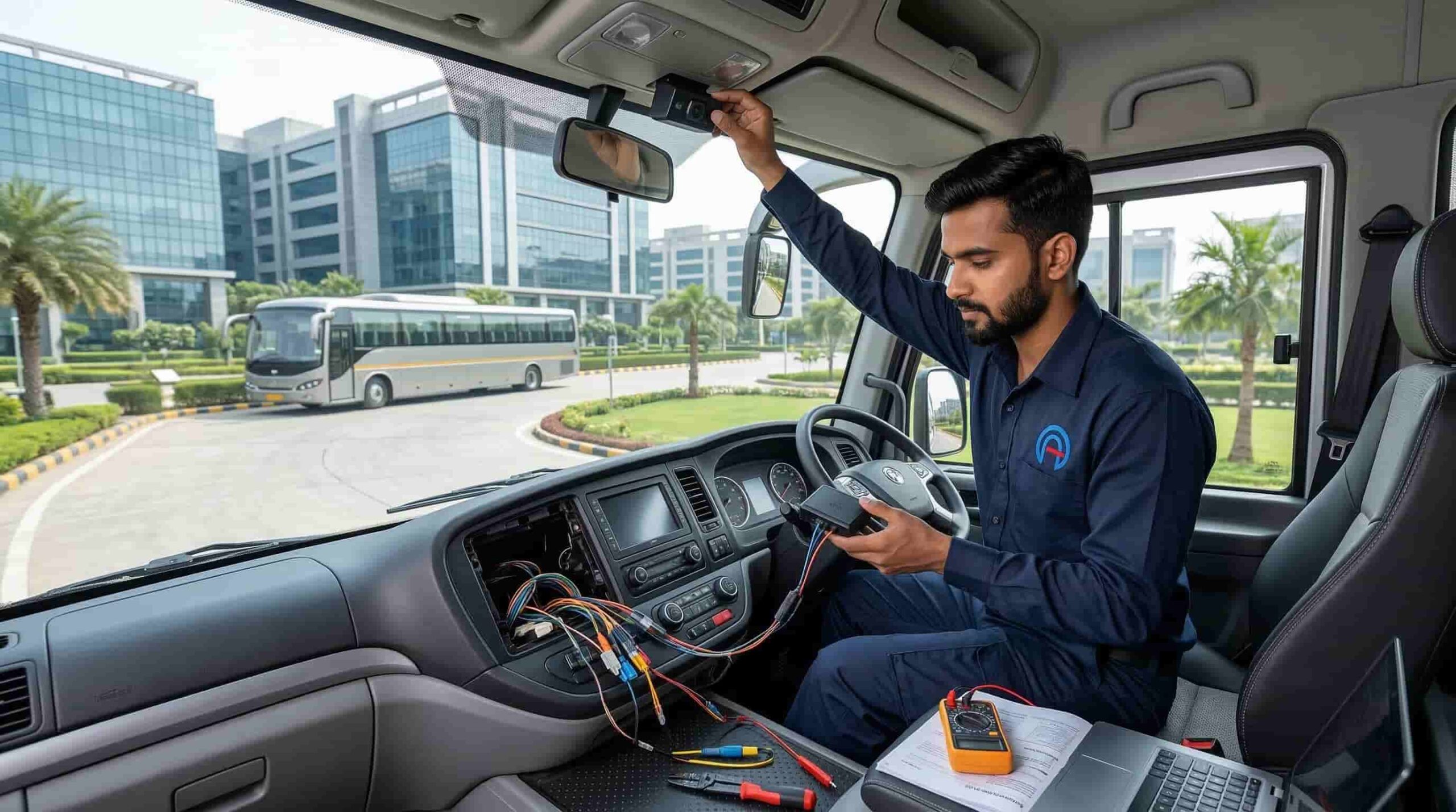 Professional installation of an AIS-140 GPS tracking unit and safety cameras in a corporate transport vehicle in Delhi