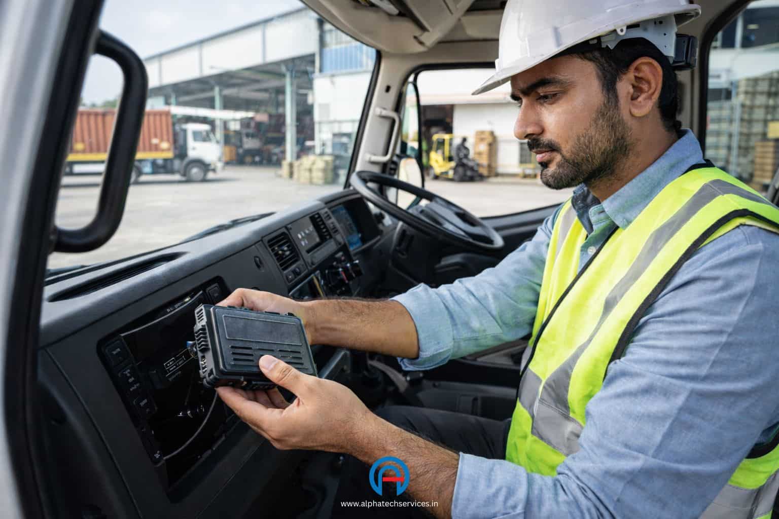 Professional installation of a commercial GPS tracking unit in a heavy logistics truck in Nagpur