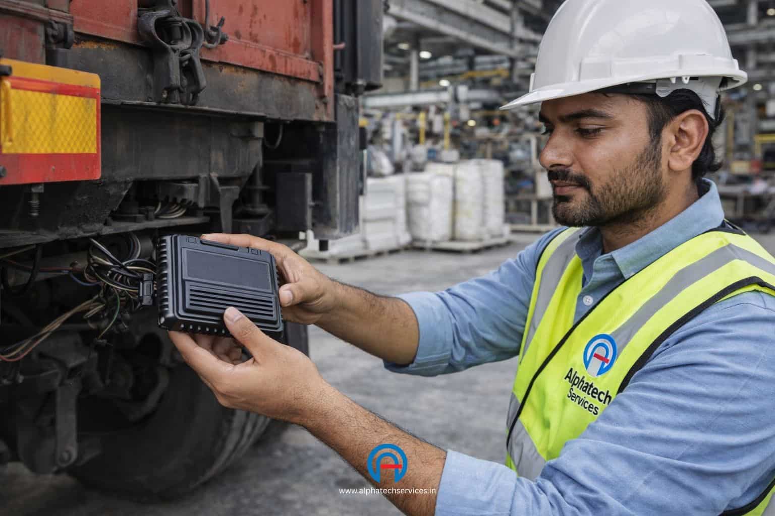 Professional installation of a commercial GPS tracking unit and electronic padlock on a heavy cargo truck in Surat