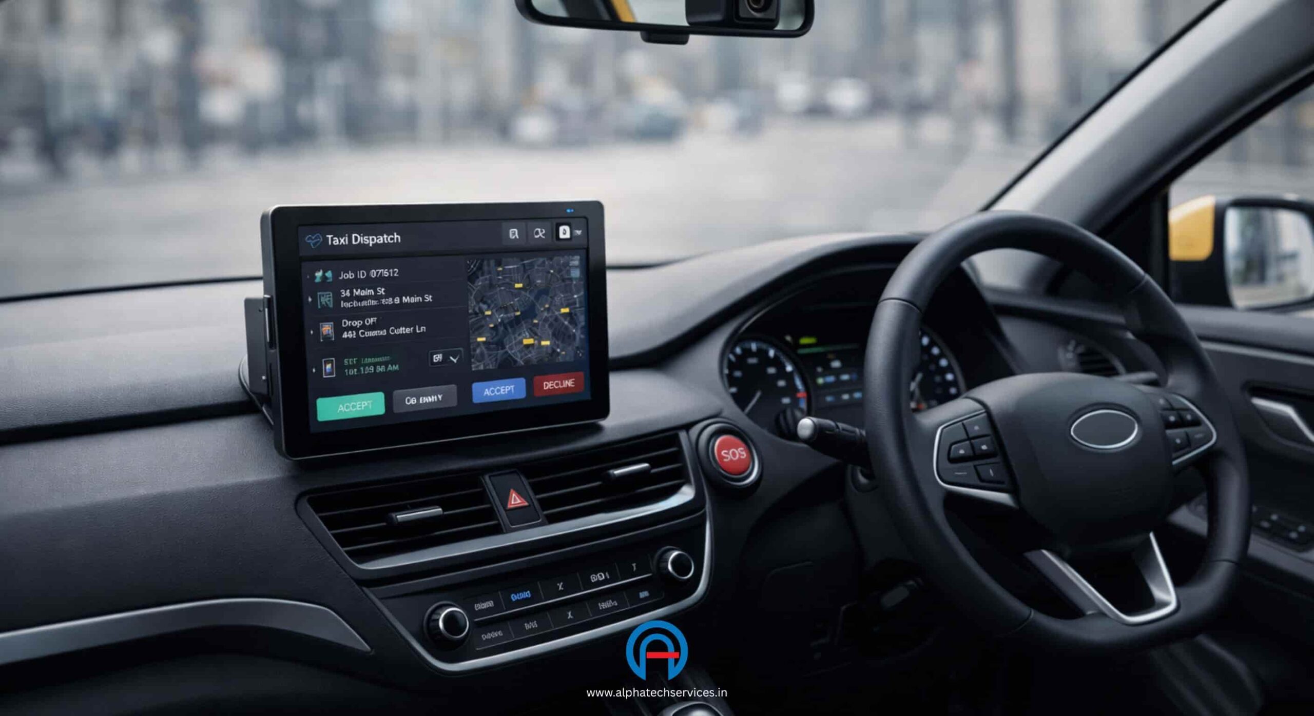Interior of a commercial taxi showing an Android dispatch display, DMS camera, and emergency SOS button