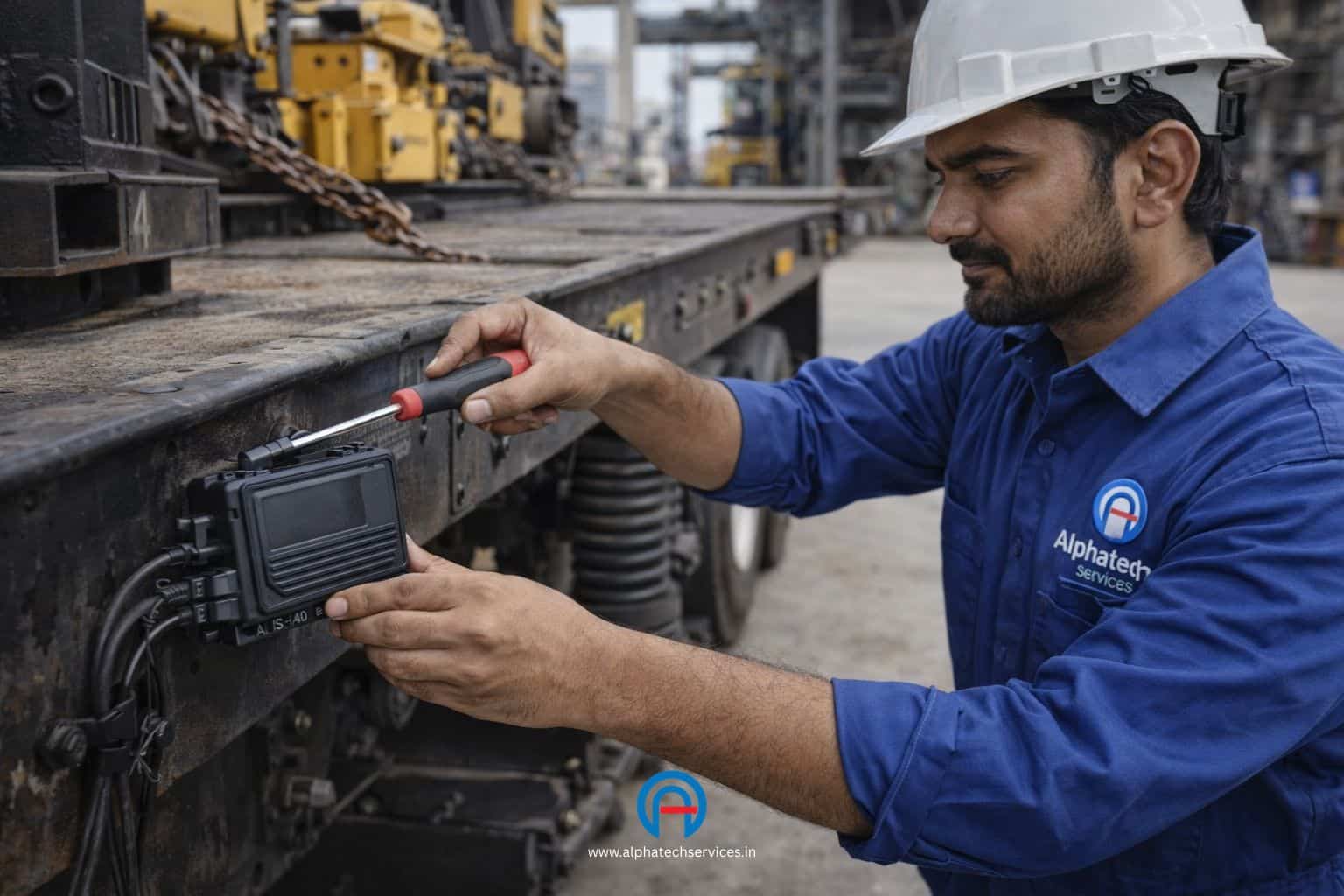Professional installation of a rugged AIS-140 GPS tracker on a heavy-duty machinery transport trailer in a Rajkot industrial yard