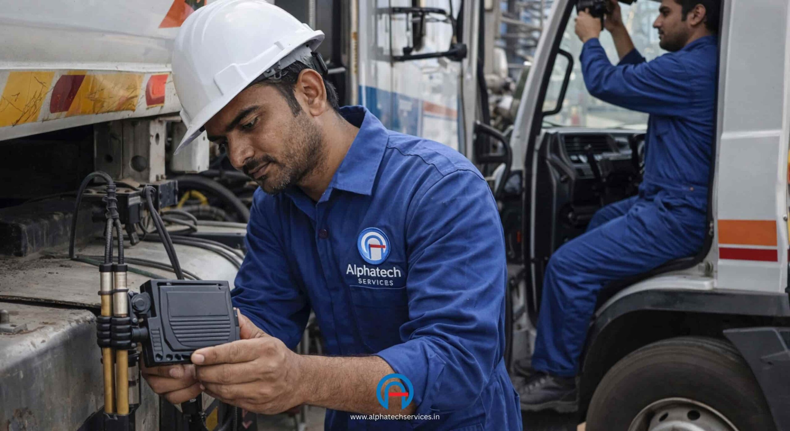 Professional installation of AIS-140 certified GPS tracking and MDVR surveillance on a chemical tanker in a Vadodara industrial yard