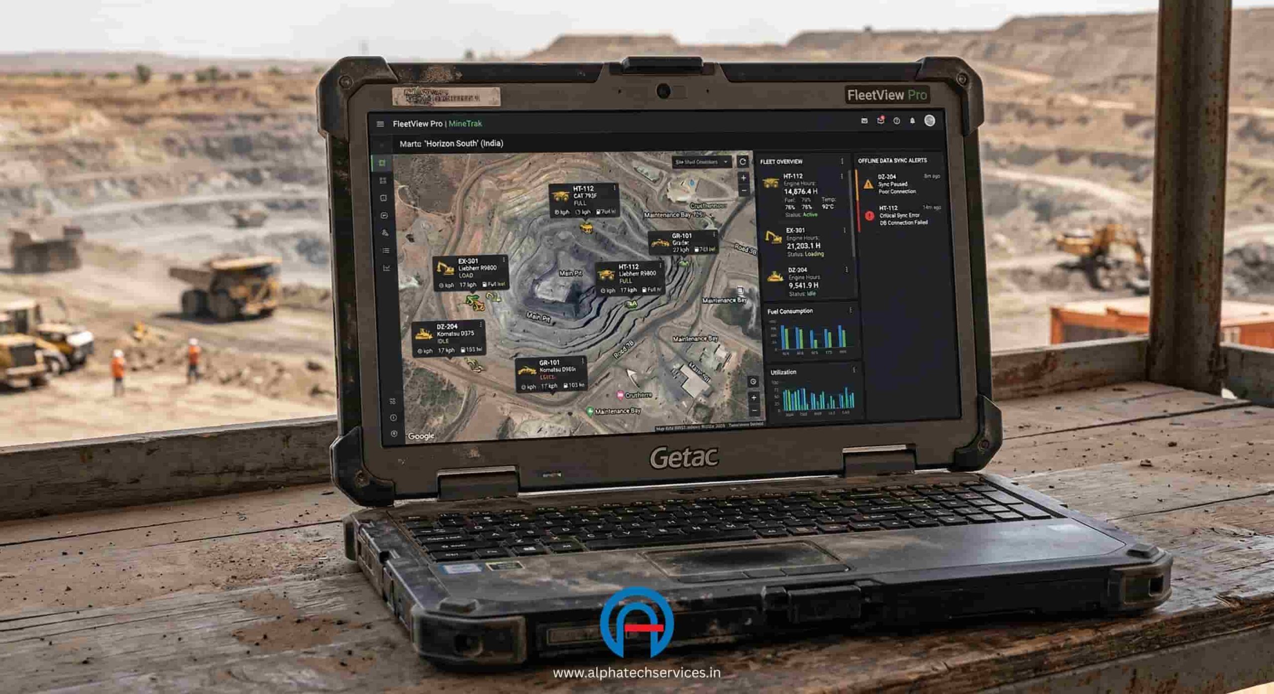 Alphatrack software dashboard displaying heavy machinery locations and engine hour metrics for a mining site