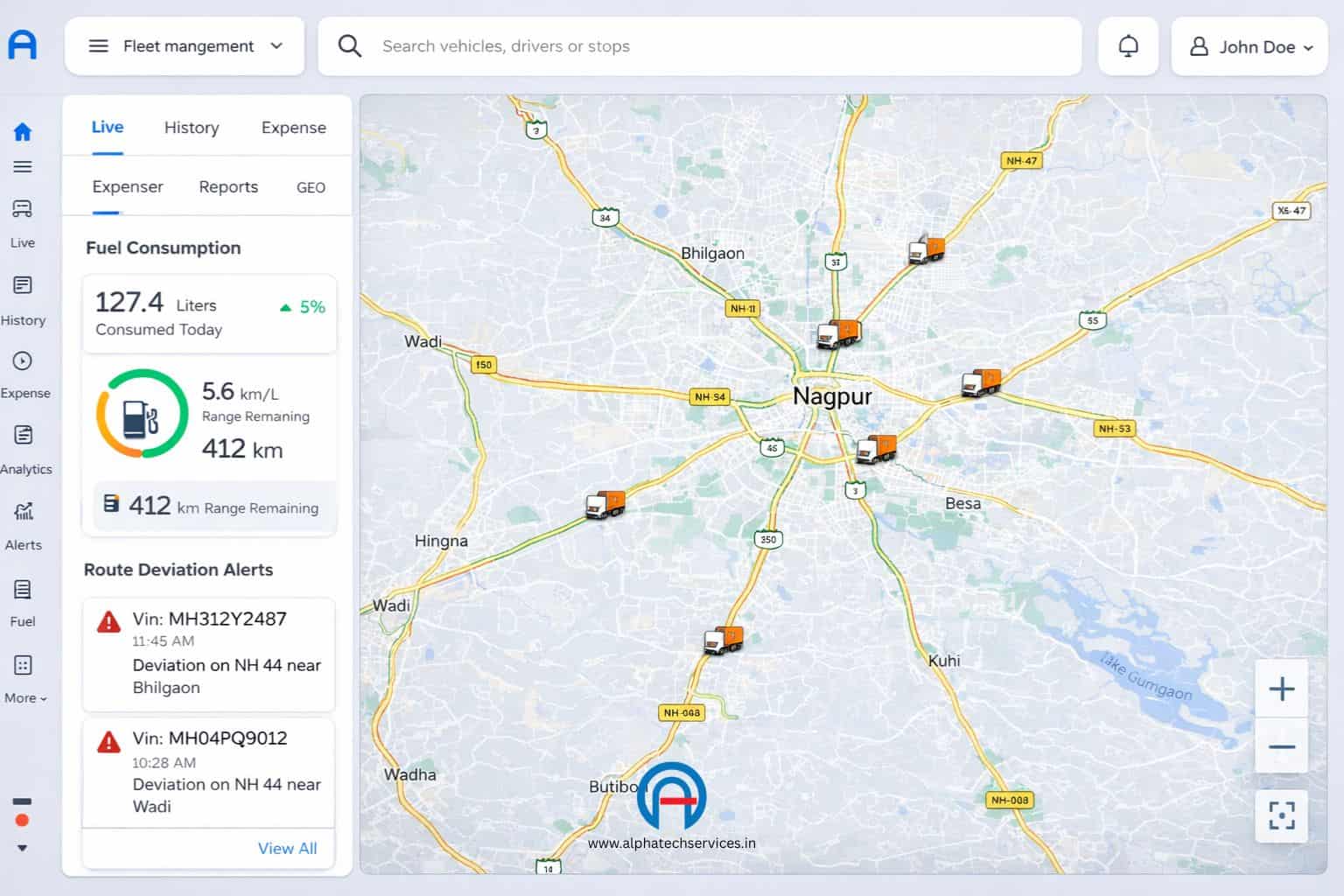 Alphatrack fleet management dashboard displaying live commercial logistics tracking across Nagpur and national highways