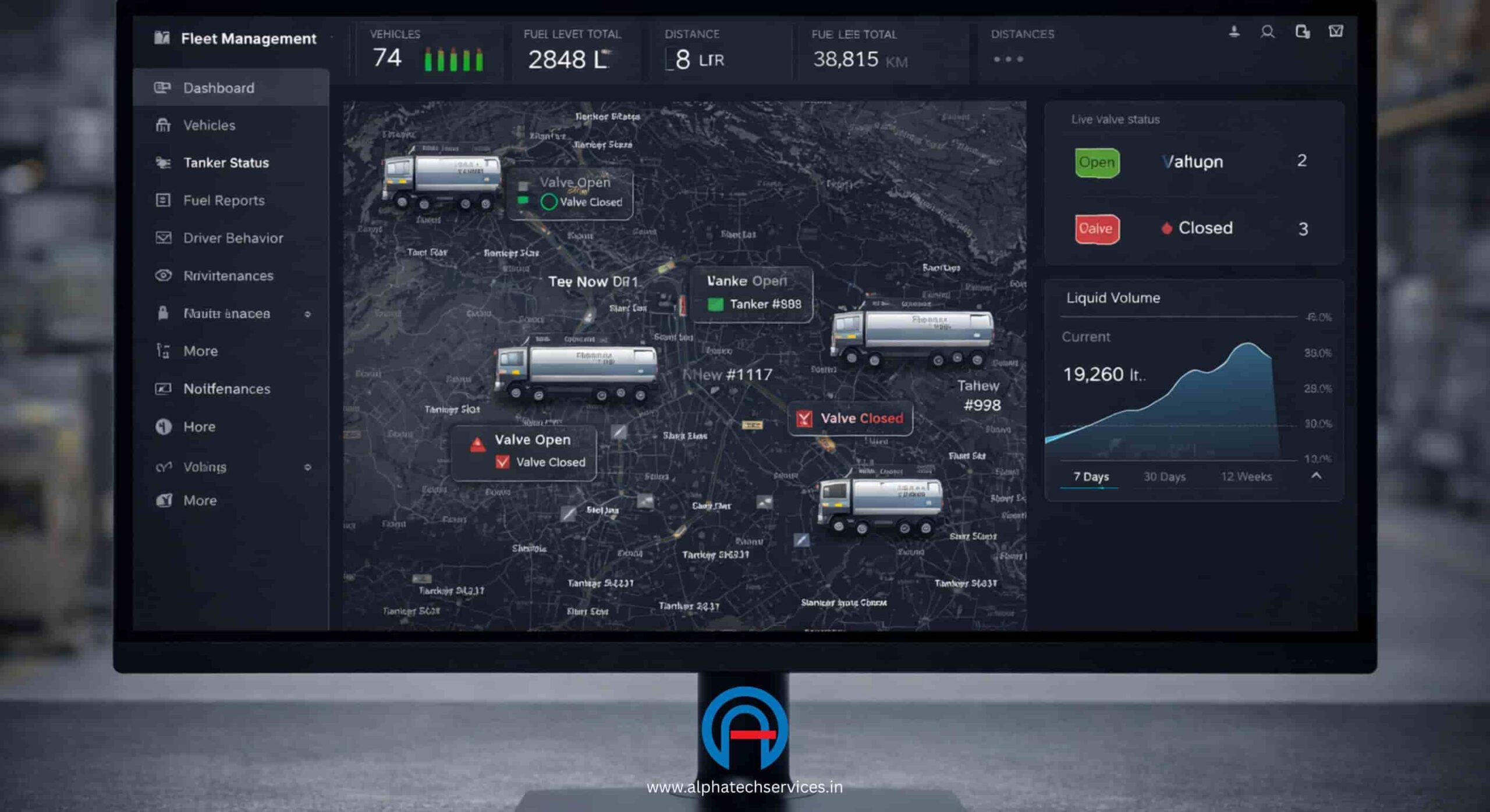 Alphatrack fleet management dashboard displaying live fuel tanker locations and valve status indicators