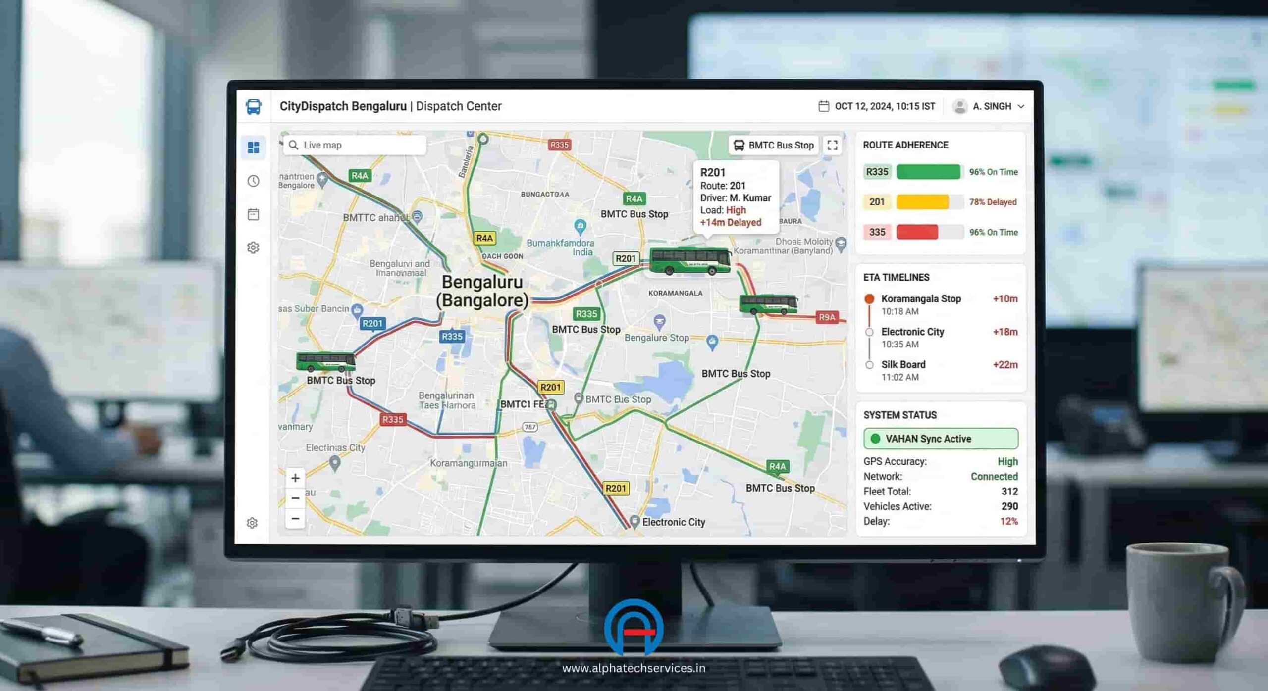Alphatrack transit software dashboard displaying live city bus locations, route adherence, and VAHAN synchronization status