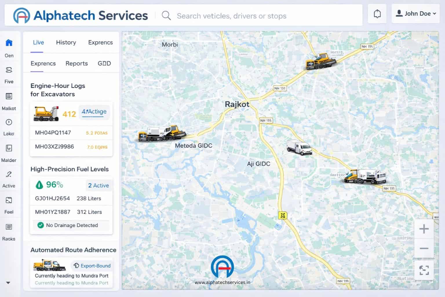 Alphatrack telematics dashboard showing heavy machinery tracking and engine-hour monitoring in Rajkot GIDC industrial zones