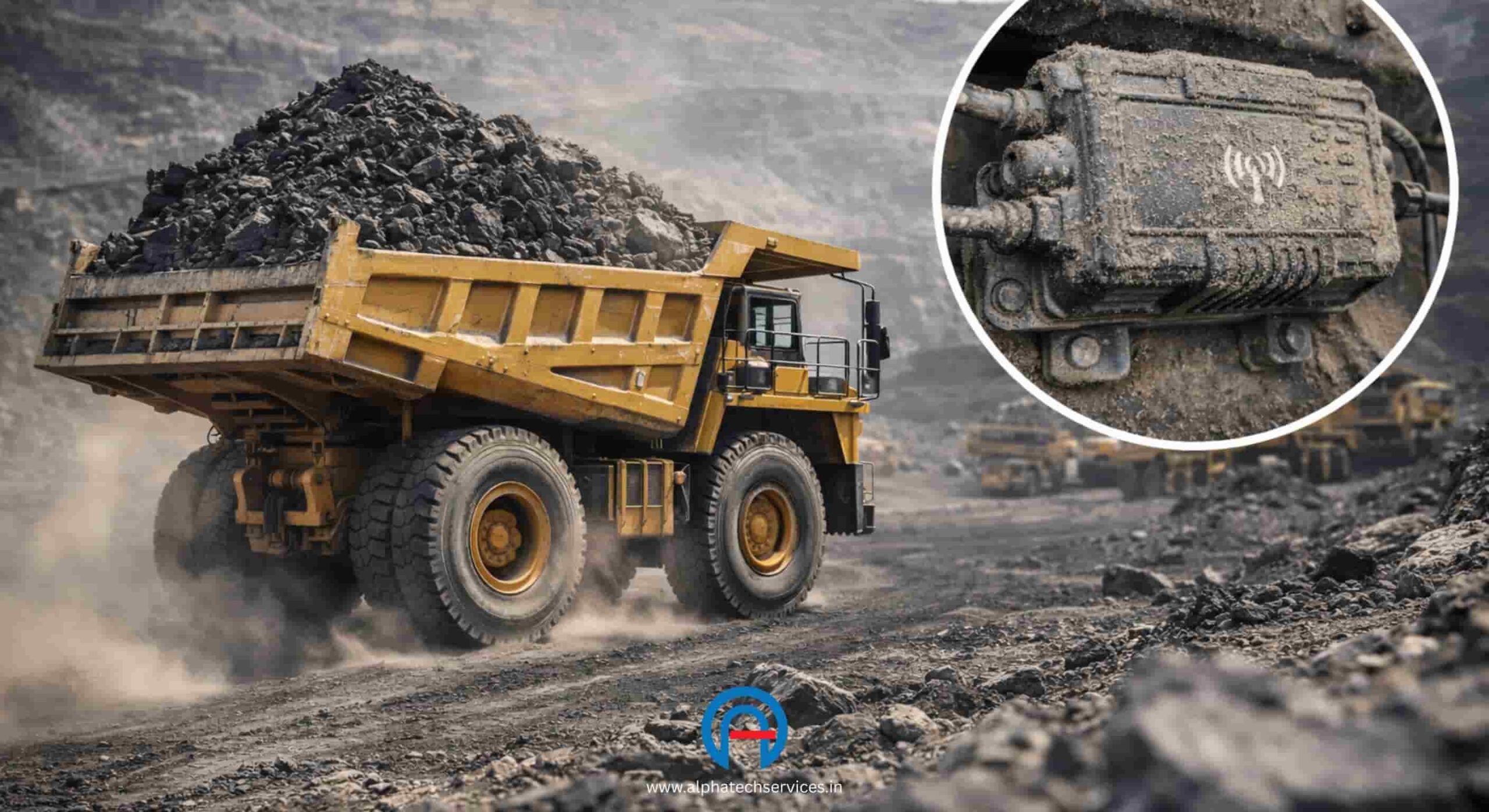 Heavy-duty IP67 rated GPS tracking device installed on a large yellow mining dump truck