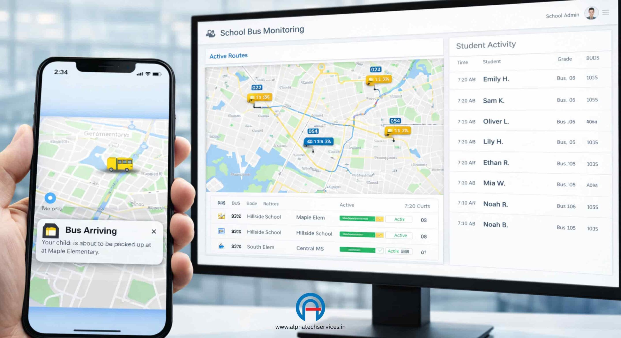 Alphatrack dual interface showing the mobile parent tracking app alongside the school administration dispatch dashboard