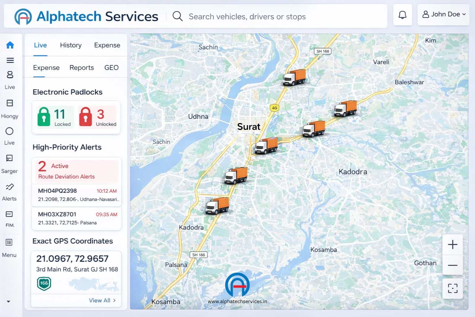 Alphatrack fleet management dashboard displaying live commercial logistics and high-value cargo tracking across Surat