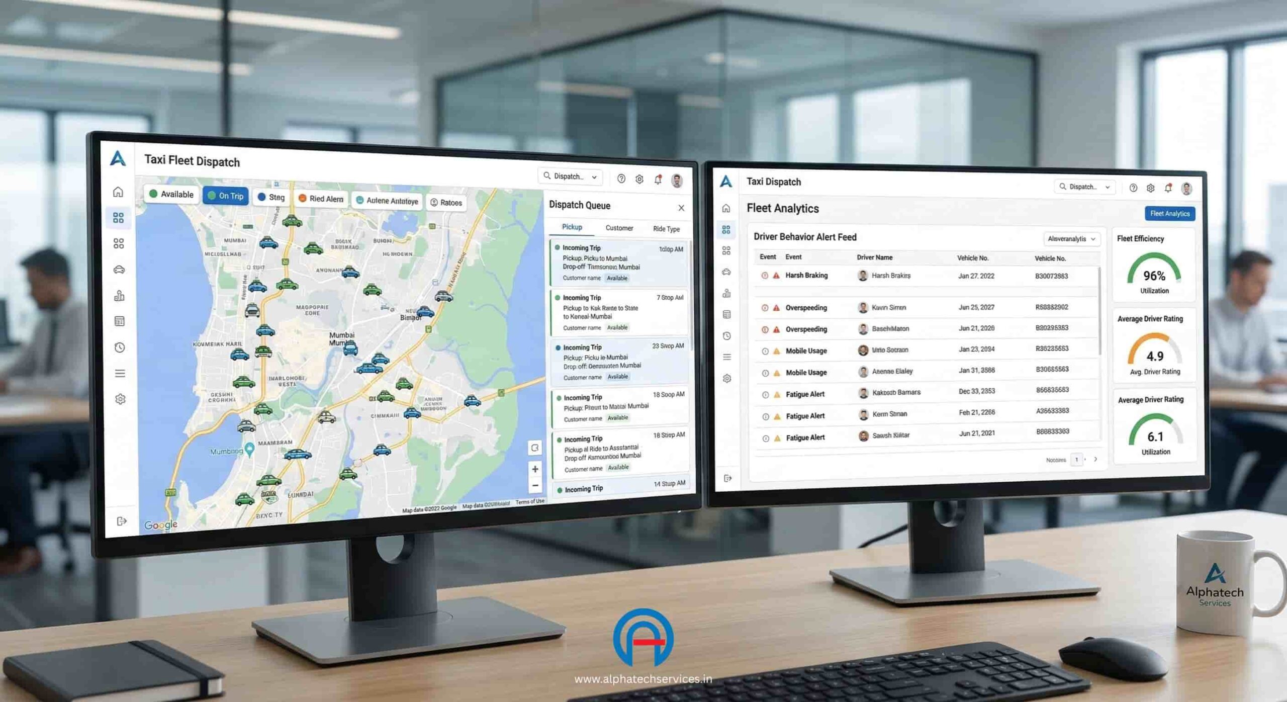 Alphatrack software dashboard displaying live taxi locations, dispatch queues, and passenger safety alerts