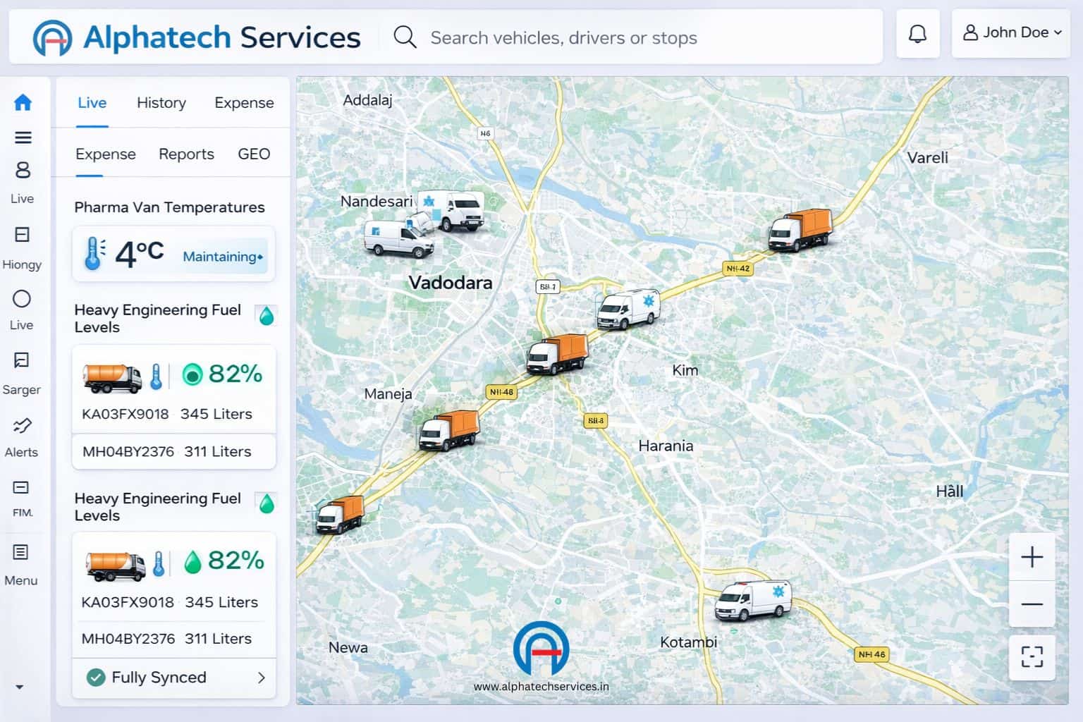 Alphatrack telematics dashboard showing real-time chemical tanker and pharmaceutical cold chain tracking in Vadodara industrial zones